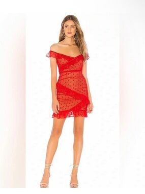 MAJORELLE Red Polka Dot Off-Shoulder Mini Dress